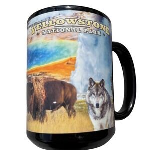 Yellowstone National Park Souvenir Mug Bison Wolf Bear Geyser Art Ceramic
